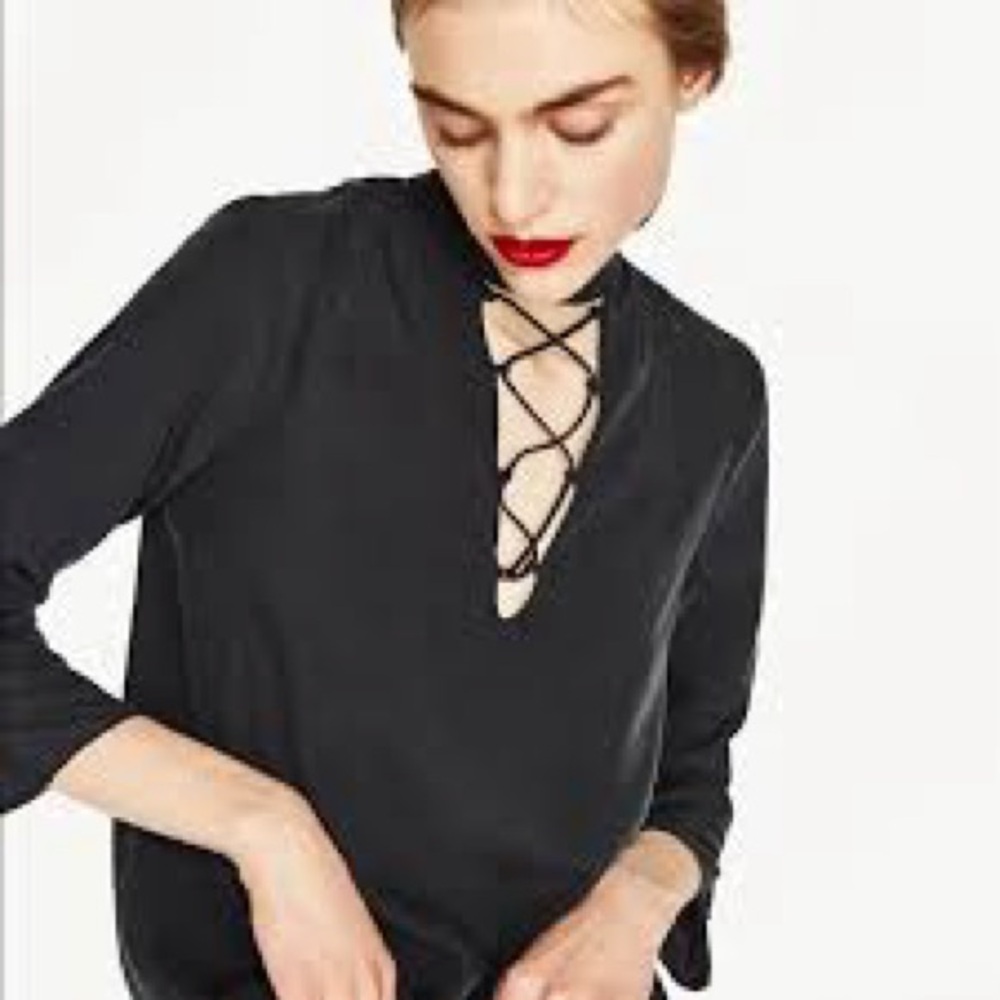 Zara black lace up chocker blouse